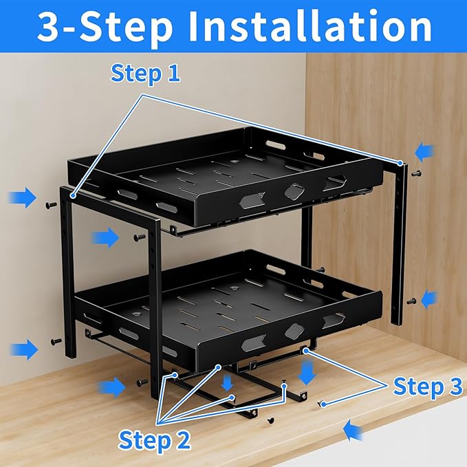 BOIVSHI Spice Organization for Cabinet, 2-Tier Cabinet Spice Rack, Height Adjustable Vertical Spice Rack Pull Out for Kitchen, Cabinet, Pantry (14.1''Wx10.8''Dx9.2''H, Metal Black)