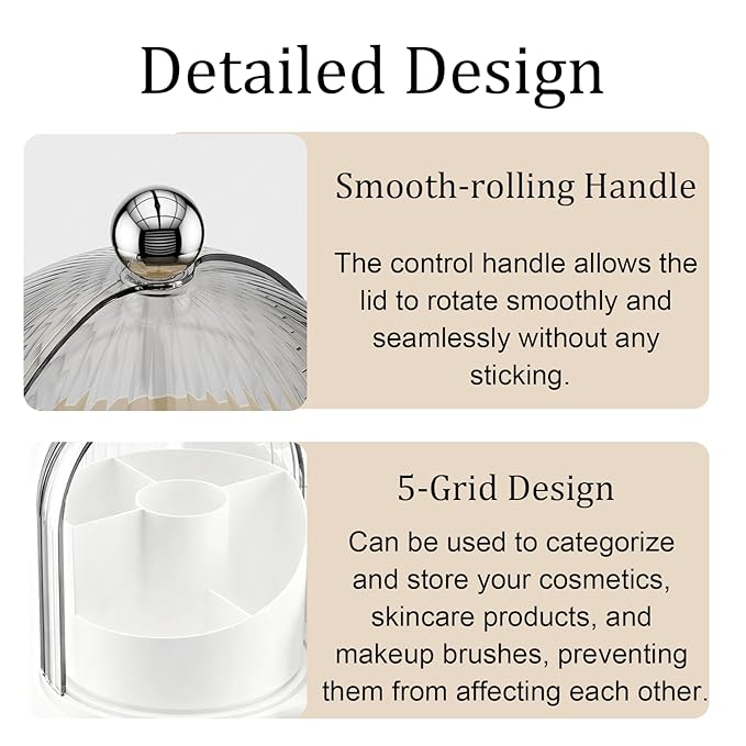 Makeup Brush Holder Organizer with Lid,360° Rotating Makeup Organizer Countertop,5 Compartments Make Up Brush Organizers for Makeup Brushes,Cosmetics,Skincare,Nail Polish,Toothbrush,Dustproof