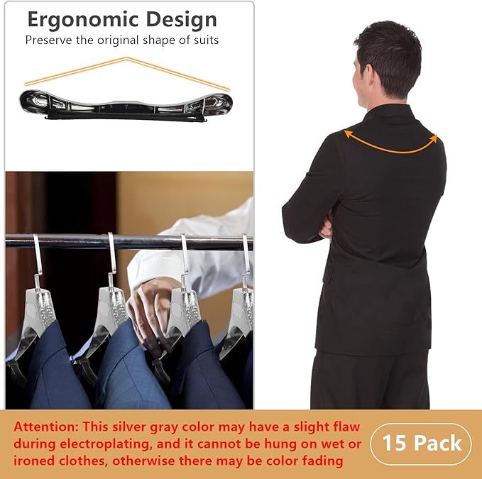 DEDU Suit Hangers for Men 15 Pack, Silver Gray Coat Hangers Extra Wide Non Slip Width 17.7", Thick Plastic with Pants Bar & Metal Hook
