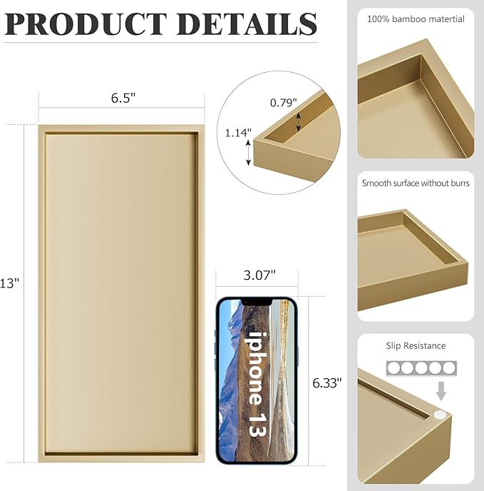 ZHWS Gold Bathroom Vanity Tray for Countertop Perfume Makeup Jewelry Candle Decor, Kitchen Tray for Soap Dispenser Spice Salt, Large Gold Tray for Toilet Tank Paper, Serving Nightstand 13”x6.5”