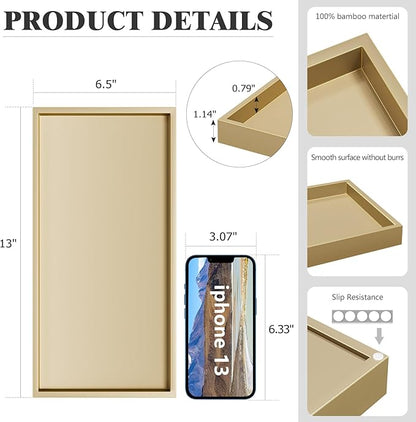 ZHWS Gold Bathroom Vanity Tray for Countertop Perfume Makeup Jewelry Candle Decor, Kitchen Tray for Soap Dispenser Spice Salt, Large Gold Tray for Toilet Tank Paper, Serving Nightstand 13”x6.5”