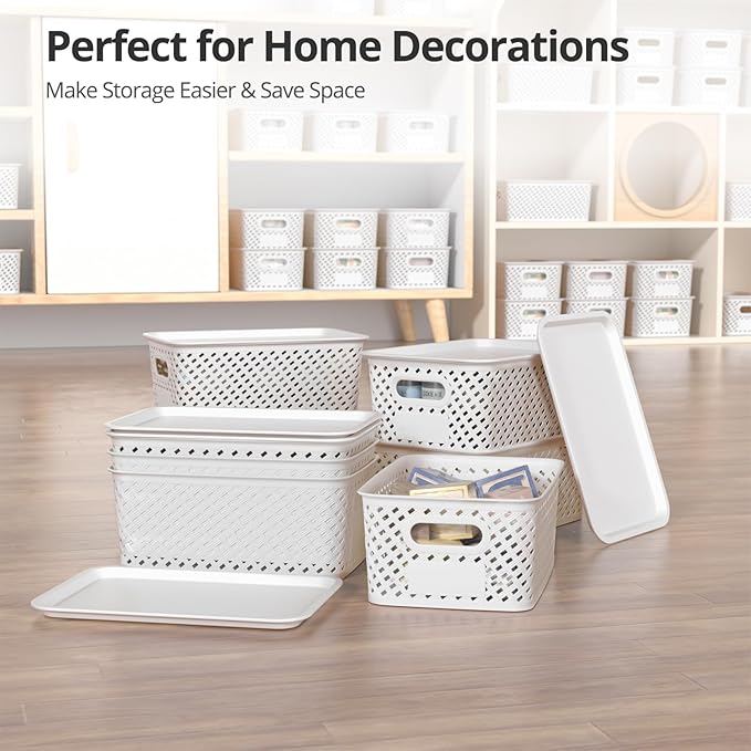 Plastic Storage Bins with Lid, Stackable Small Box Basket for Organizing and Containers for Shelves Drawers Desktop Closet Playroom Pantry Classroom Office Home, 8-pack 10.2x7.2x4.1 Inch, White