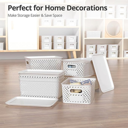 Plastic Storage Bins with Lid, Stackable Small Box Basket for Organizing and Containers for Shelves Drawers Desktop Closet Playroom Pantry Classroom Office Home, 8-pack 10.2x7.2x4.1 Inch, White