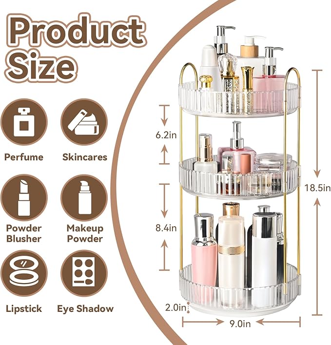 360° Rotating Makeup Organizer for Vanity, 3 Tier Perfume Organizers Skincare Organizers and Storage for Bathroom Countertop, Spinning Cosmetic Organizer for Bedroom Dresser Counter (Clear)