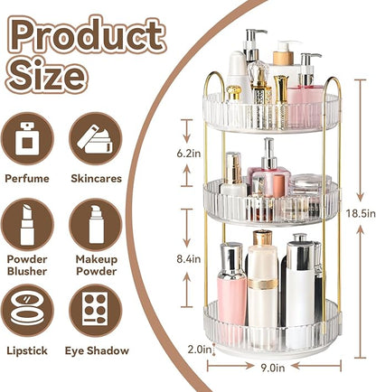 360° Rotating Makeup Organizer for Vanity, 3 Tier Perfume Organizers Skincare Organizers and Storage for Bathroom Countertop, Spinning Cosmetic Organizer for Bedroom Dresser Counter (Clear)