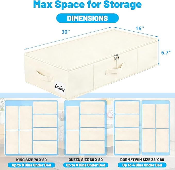 Under Bed Storage Container Bins 2 Pack, Low Profile Foldable Underbed Clothes Storage Organizer W/ Ultra Thick Fabric and Sturdy Bottom/Sides, Dual Zipper Storage Box for Dorm and Home 30x16x6.7"