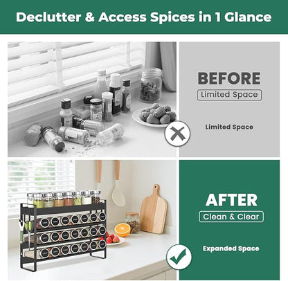 EsLuker.ly Spice Seasoning Rack Organizer Kitchen Countertop, 4 Tier Bamboo Spice Shelf Holder Storage with 4 Hooks, Wall Mounted Freestanding Stand for Pantry, Black (Jars Not Included)