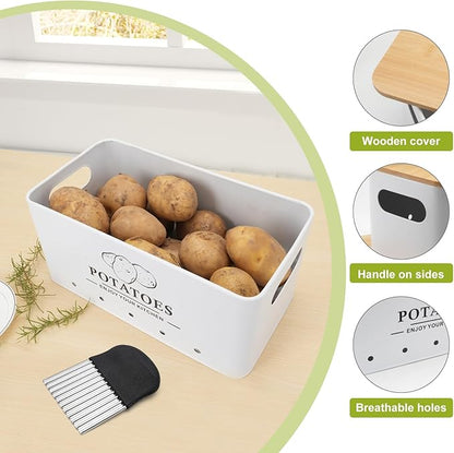 Kitchen Vegetable Storage Set of 3, Metal Onion Garlic Potato Storage Set, Kitchen Canisters Vegetable Keeper Containers with Aerating Holes and Wooden Lid (White)