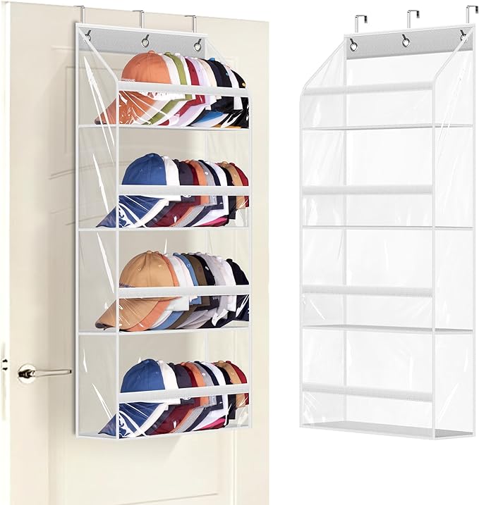AOODA Clear Over the Door Hat Racks for Baseball Caps, Hold 48 Caps Hat Storage Organizer for Closet Wall, Deep Pockets Hanging Snapback Holder Shelves with 3 Hooks, White