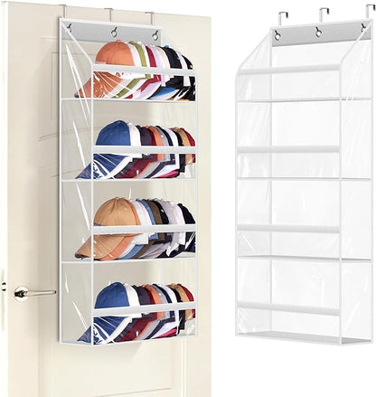 AOODA Clear Over the Door Hat Racks for Baseball Caps, Hold 48 Caps Hat Storage Organizer for Closet Wall, Deep Pockets Hanging Snapback Holder Shelves with 3 Hooks, White