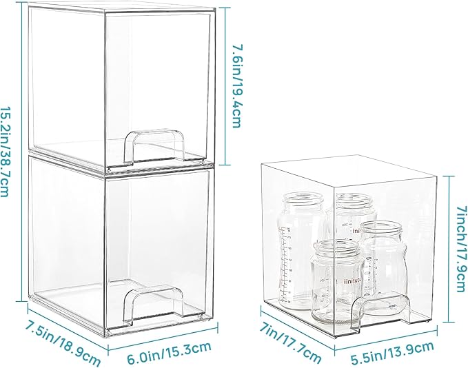 Vtopmart 7.6" H Clear Stackable Storage Drawers, 4 Pack Plastic Organizers Bins for Skincare, Cosmetics,Beauty Supplies,Ideal for Vanity, Bathroom,Kitchen Countertop,Cabinet Organization
