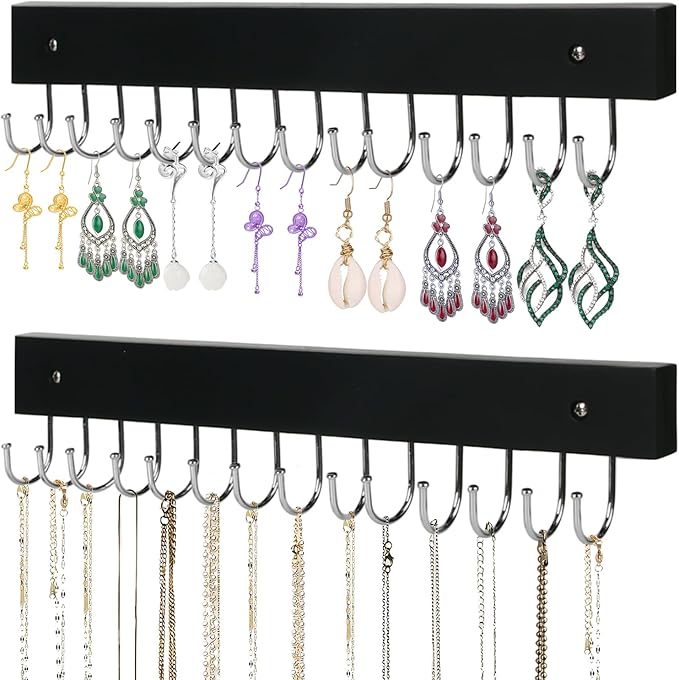 Necklace Holder Wall Mounted Jewelry Organizer - 2 Pack Wooden with 28 Hooks, Hanging Earring & Ring Bracelet Storage, Decorative Space-Saving Jewelry Display (Black)