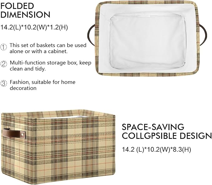 Large Storage Basket Beige Gingham Plaid Storage Bin Cube Canvas Fabric Organizer Handles Collapsible for Clothes Toys Bedroom Decorative