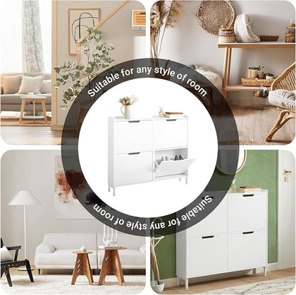 Haotian Ultra Thin Shoe Cabinet with 4 Flip-Drawers, Narrow Shoe Rack, Slim Shoe Storage Organiazer Entryway, White, FSR100-W, 7.5" D x 39.4" W x 35.6" H