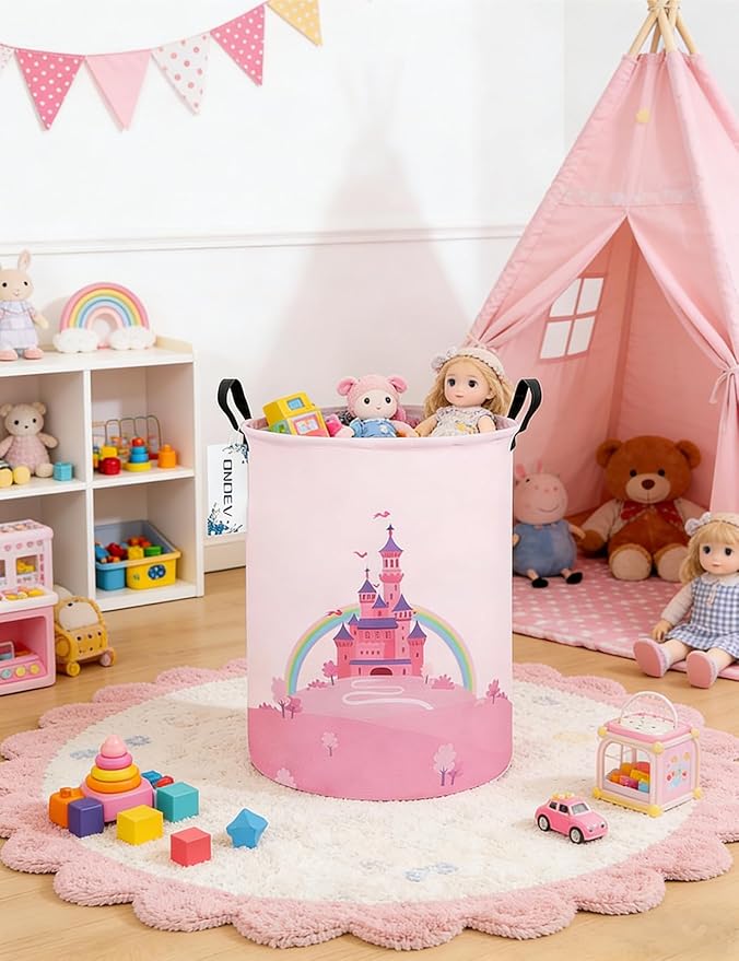 Laundry Hamper, Round Waterproof Storage Basket with Handle, Foldable, Pink Castle, 19.7in(H) x 15.7in(D), for Children's Room and Toy Storage