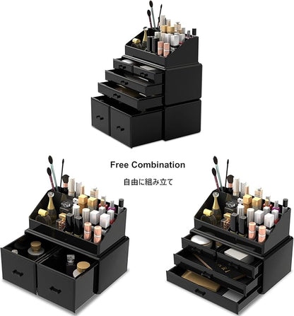 READAEER Makeup Organizer 3 Pieces Cosmetic Storage Case with 6 Drawers (Black)