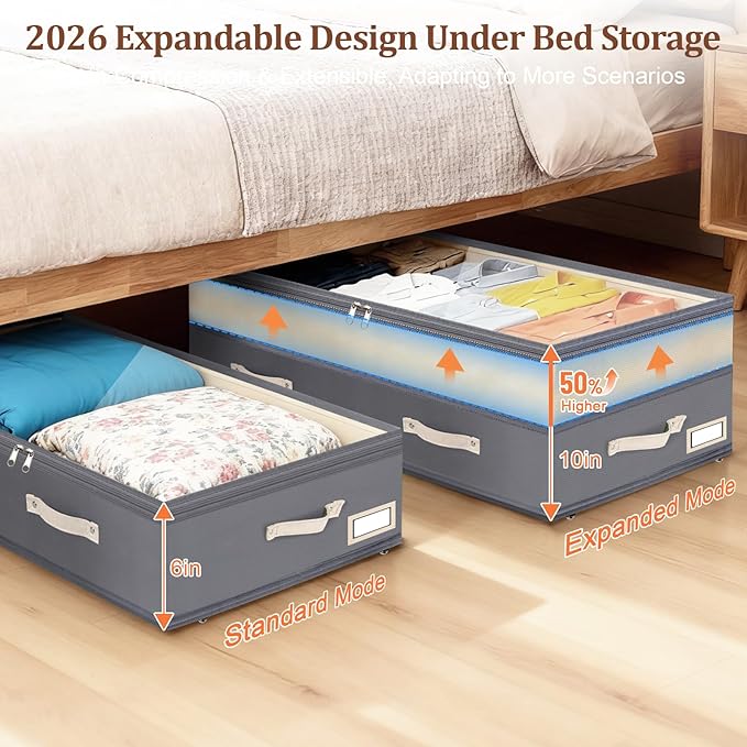 Dolicer 4 Pack Under Bed Storage with Wheels, 6in-10in Height Adjustable Underbed Storage Containers, 92L XXXL Under Bed Drawers Rolling Bin with Clear Lids for Dorm Shoes Clothes Organizer(Dark Grey)