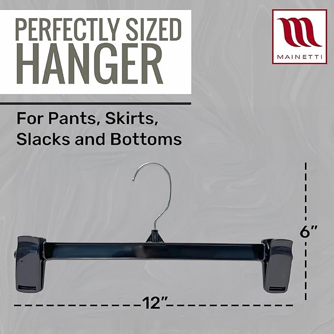 Mainetti Black Plastic Clothes Hangers 100 Pack | 12-Inch Space Saving Hangers with 360 Swivel Metal Hook & Non-Slip Clips | Closet Hangers Ideal for Pants, Skirts, Slacks and Shorts (6012BRSEMN100)