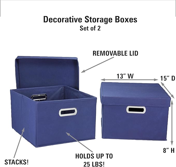 Household Essentials Fabric Storage Boxes with Lids and Handles, Blue