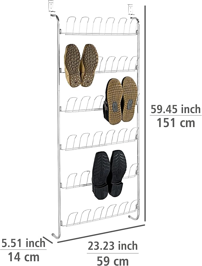 WENKO Over the Door Shoe Rack Organizer, Shoe Holder for Back of Door and Closet, Hanging Shoe Rack, Storage for up to 18 Pairs of Shoes, 23.2 x 59.4 x 5.5 inch, Silver Shiny
