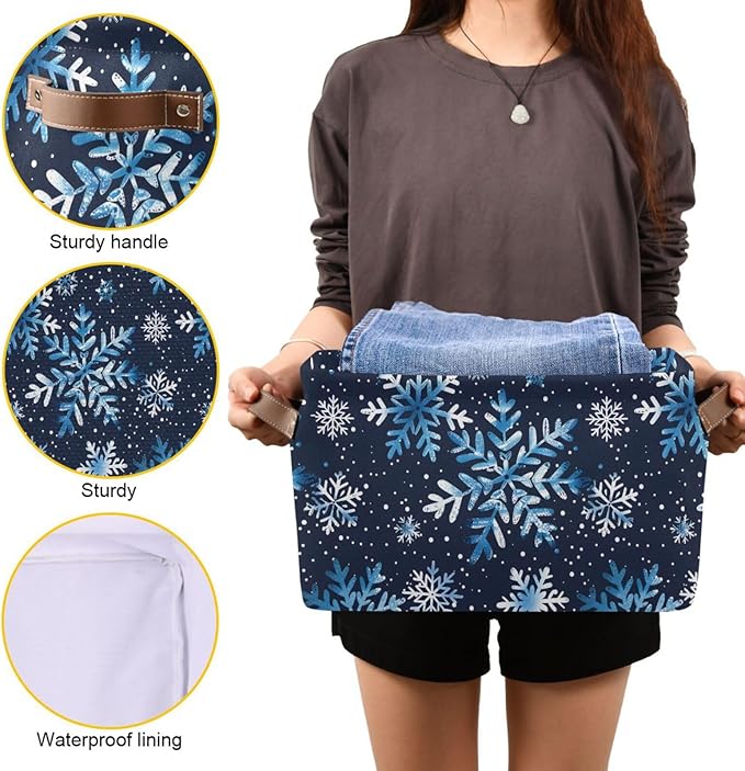 Large Storage Basket Watercolor Blue Snowflakes Christmas Storage Bin Cube Canvas Fabric Organizer Handles Collapsible for Clothes Toys Bedroom Decorative