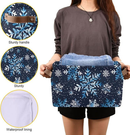 Large Storage Basket Watercolor Blue Snowflakes Christmas Storage Bin Cube Canvas Fabric Organizer Handles Collapsible for Clothes Toys Bedroom Decorative