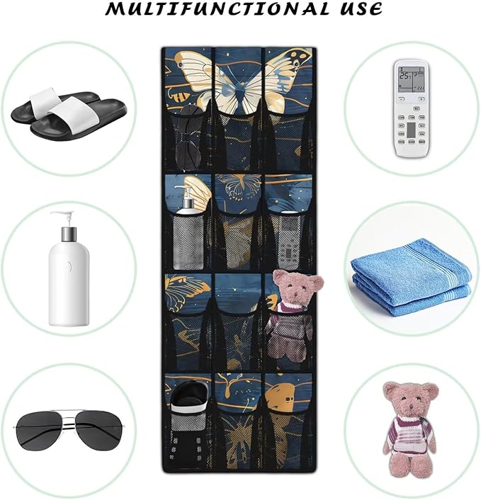 Butterfly Night Over The Door Shoe Organizers with 12 Pockets,Quick Dry Mesh Organizer Hanging for Pantry Bathroom Closet,Mesh Pocket Over the Door Shoe Organizer for RV,Pantry
