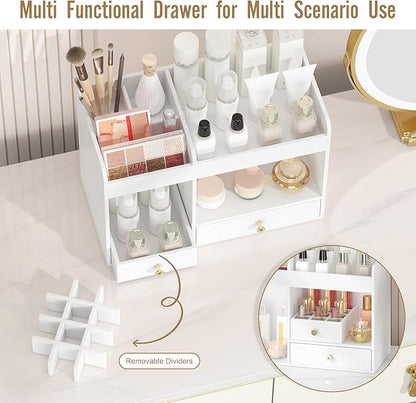 Large Makeup Organizer with Drawers, Bamboo Countertop Cosmetic Storage for Dresser Vanity Organizer Beauty Desk Skincare Holders Container Make Up Organizing for Lipstick