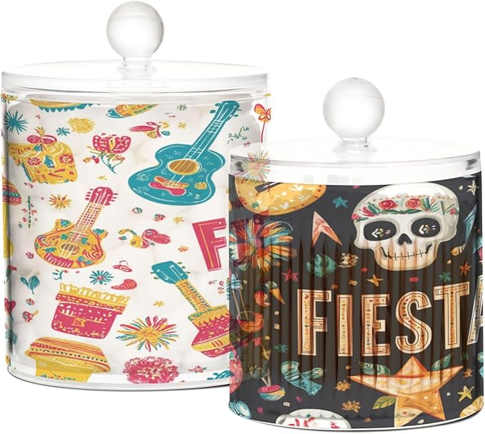 2 Pack Qtip Dispenser Apothecary Jars with Lids Cotton Round Holder Bathroom Canisters for Cotton Swab Floss Ball Pads Clear Plastic Decorative Fiesta Guitars Hats Skulls White Black