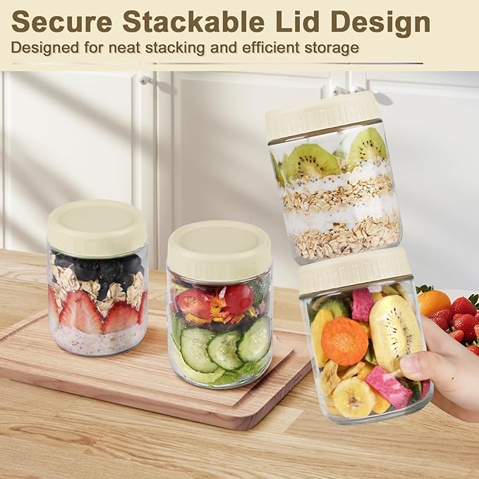 Overnight Oats Containers with Lids, 16oz Wide Mouth Mason Jars with Lids, 9 Pack Glass Jars with Airtight lid for Chia Pudding Yogurt Salad, Meal Prer Oatmeal Jars, Yellow