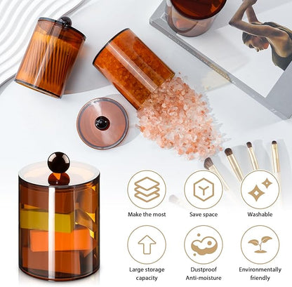 XIPENGKEJI 4 Pack Qtip Holder,Canister Apothecary Jar Set, Bathroom Jars with Lids Set for Cotton Swabs, Balls, Pads, Floss Picks,10oz-12oz Plastic Canisters Restroom Bedroom Vanity Organizer(Brown)