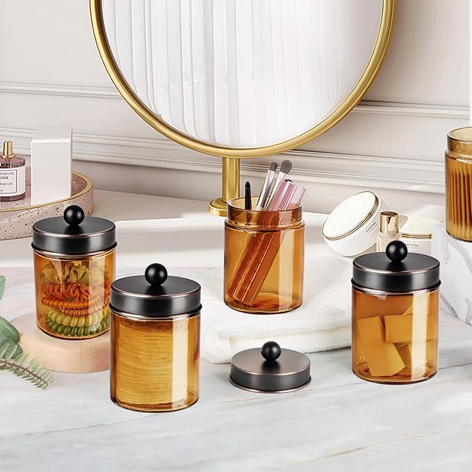 Amolliar Amber Bronze Glass Apothecary Jar With Metal Lid & Labels, Bathroom Qtip Holder Dispenser Storage Canister, Perfect for Cotton Balls, Cotton Swabs, Makeup Pads, Bath Salt, Floss, 4 Pack (ORB)