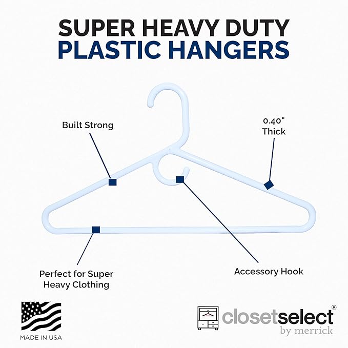 Super Heavy Duty Plastic Hangers, Made in USA, White Super Heavy Weight Hanger, 24 Pack