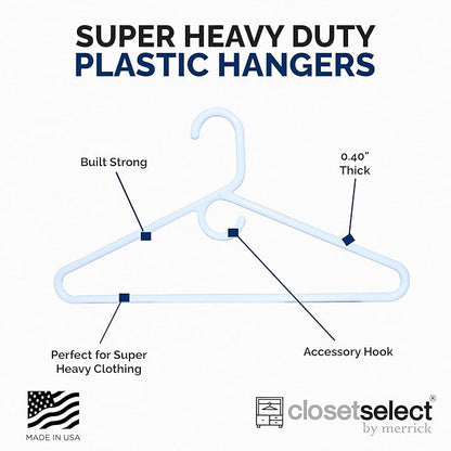 Super Heavy Duty Plastic Hangers, Made in USA, White Super Heavy Weight Hanger, 24 Pack
