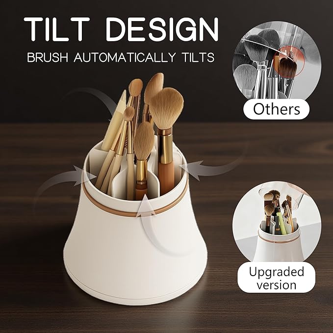Makeup Brush Holder with Lid Cosmetic Tools Organizer 360 Rotating Waterproof Dustproof Make Up Brushes Storage for Vanity Bathroom Countertop