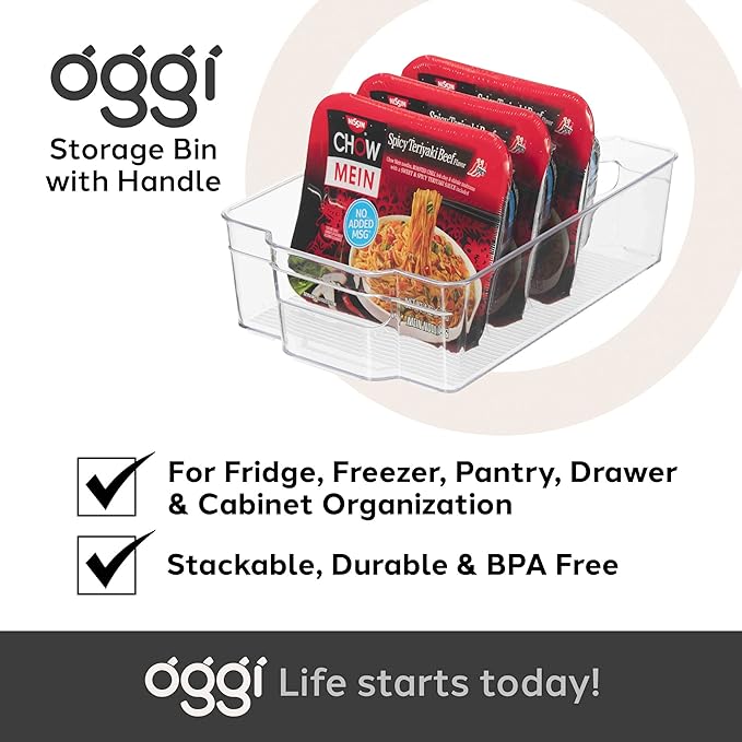 Oggi Stackable Storage Bin With Handle - Wide (12.5" x 8.5" x 3.5") - Ideal for Kitchen Organization, Pantry Storage, Fridge Organizing, Clear