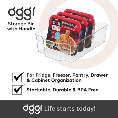 Oggi Stackable Storage Bin With Handle - Wide (12.5" x 8.5" x 3.5") - Ideal for Kitchen Organization, Pantry Storage, Fridge Organizing, Clear