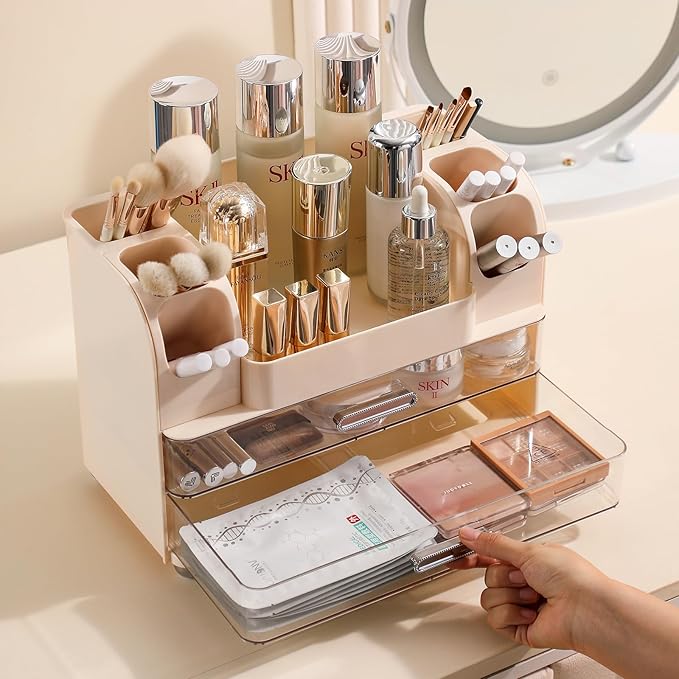 Anyoifax Makeup Organizer Countertop with Large Drawers, Vanity Organizer with Brush Holder, Skin Care Storage for Dresser, Perfume Organizer for Lotion, Lipsitck, Palette, Beige