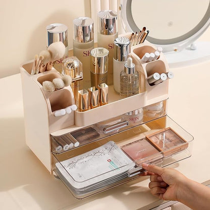 Anyoifax Makeup Organizer Countertop with Large Drawers, Vanity Organizer with Brush Holder, Skin Care Storage for Dresser, Perfume Organizer for Lotion, Lipsitck, Palette, Beige
