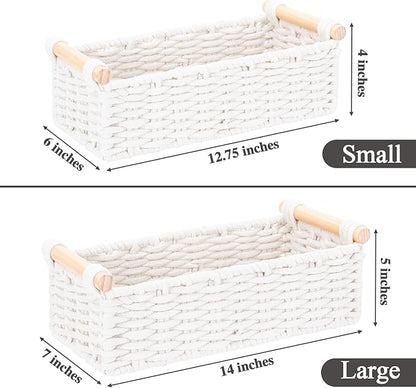 Boho Cotton Rope Storage Baskets Set of 2, Woven Wicker Organizer Bins with Wooden Handles, Small Decorative Boxes for Organizing, Toilet Paper Baskets for Bathroom Countertop, Shelves (White 2 Pack)