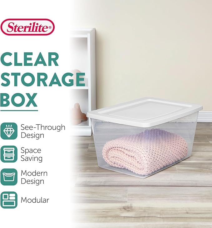 Sterilite 18 Pack Storage Boxes, Clear Plastic Stackable Containers, Lightweight Home Organizers with Snap Lids, 58 Quart, White
