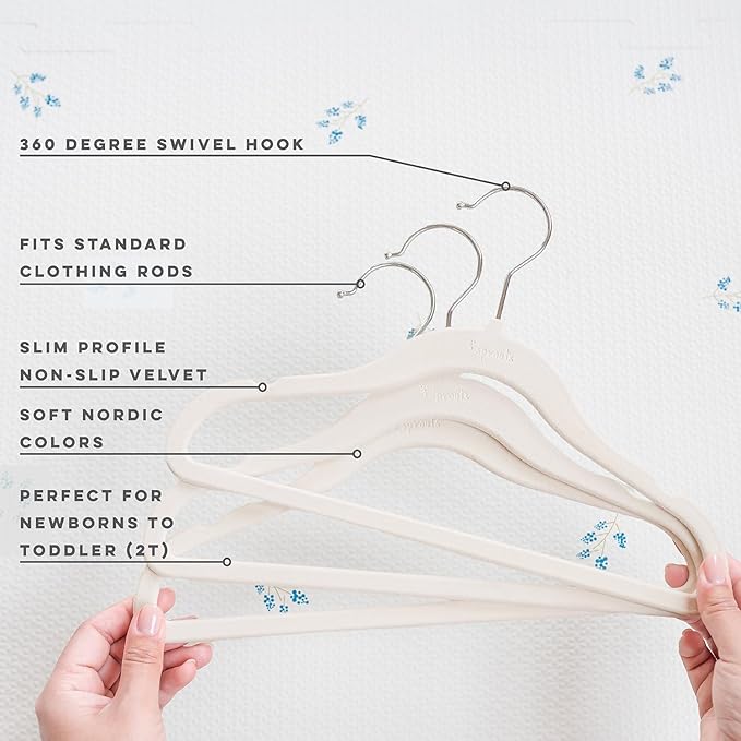 3 Sprouts Velvet Baby Hangers - Non-Slip Hangers for Infant and Toddler Clothes - Slim Space-Saving Design with Nordic Colors for Nursery - 50 Pack- Cream