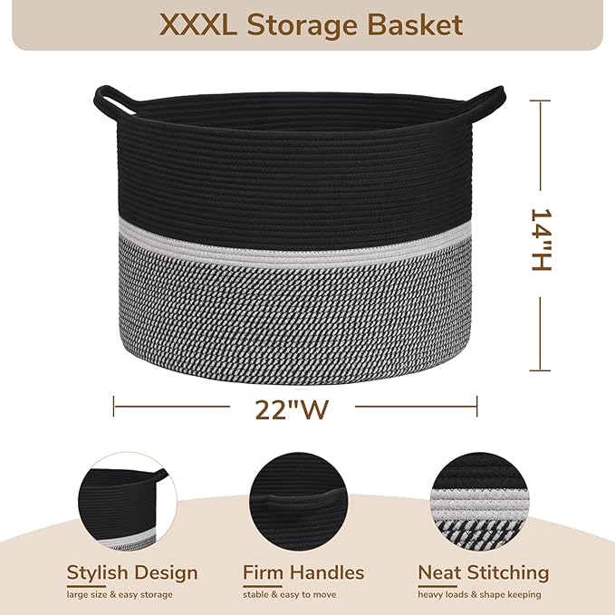 CHICVITA Extra Large Laundry Basket, Woven Rope Blanket Basket for Towels, Clothes, Toy Storage, Pillow Basket for Living Room, Family Room, 22 x 22 x 14 inches, Black