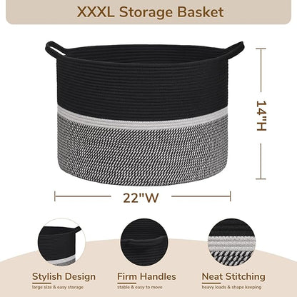 CHICVITA Extra Large Laundry Basket, Woven Rope Blanket Basket for Towels, Clothes, Toy Storage, Pillow Basket for Living Room, Family Room, 22 x 22 x 14 inches, Black