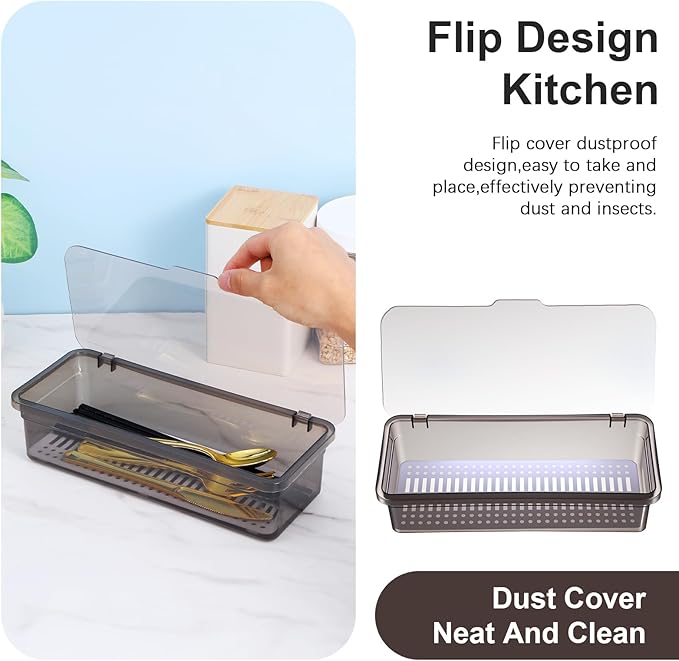 4 PCS Flatware Tray with Lid and Drainer, Silverware Tray with Lid, Plastic Utensil Drawer Organizer, Clear Grey Cutlery Storage Container for Kitchen Home Travel