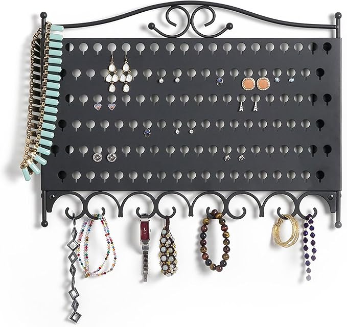 Mango Steam Wall Mounted Closet/Wardrobe Display Hanger Organizer for Jewelry & Earrings With Hooks for Necklaces, Bracelets, Accessories - Black