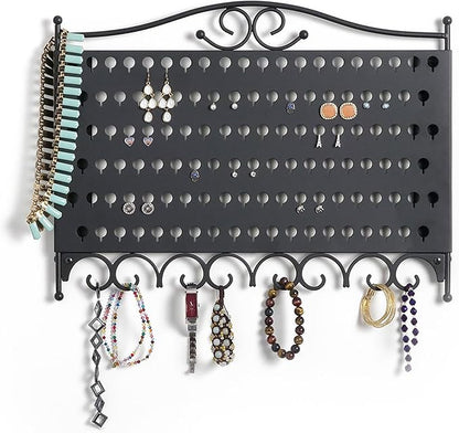 Mango Steam Wall Mounted Closet/Wardrobe Display Hanger Organizer for Jewelry & Earrings With Hooks for Necklaces, Bracelets, Accessories - Black