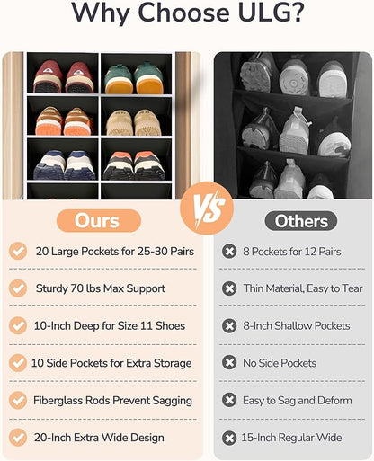 ULG Over The Door Shoe Organizer for Closet Fit 24-32 Pairs with Large Deep Pockets, Narrow Shoe Rack for Door Hanging Boots Storage, Black