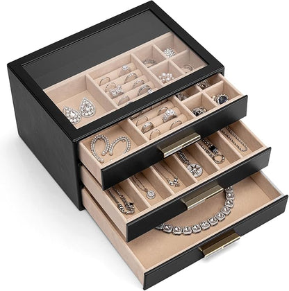 VLANDO Jewelry Box for Women, 3-Layer Jewelry Organizer with Drawers, Glass Lid Display Jewelry Storage, Soft PU Leather Exterior, Contrast Gold Metal Handles, Refined Style - Obsidian
