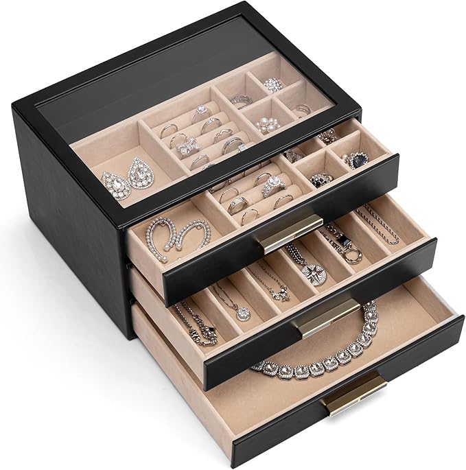 VLANDO Jewelry Box for Women, 3-Layer Jewelry Organizer with Drawers, Glass Lid Display Jewelry Storage, Soft PU Leather Exterior, Contrast Gold Metal Handles, Refined Style - Obsidian